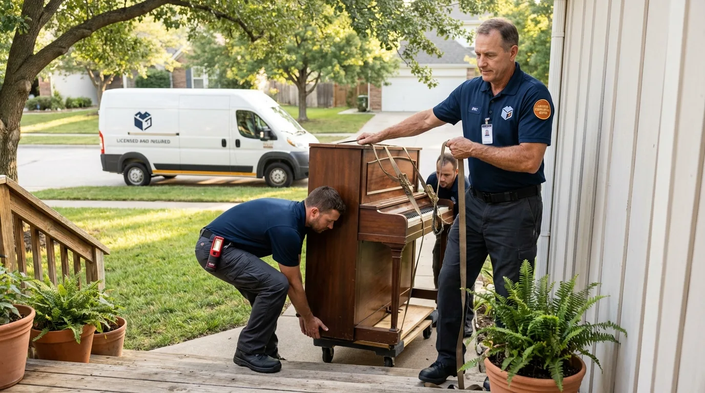 Licensed piano movers securing grand piano in Akron, IN