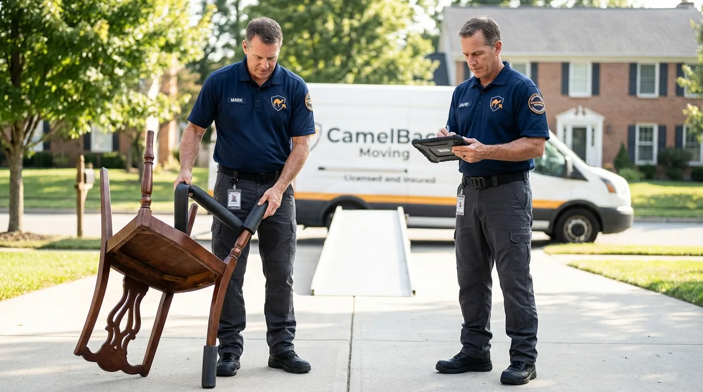 Movers inspecting furniture for damage prevention before loading in Akron, IN