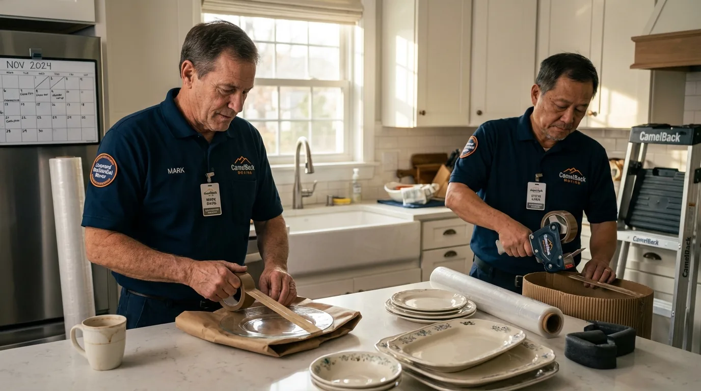 Professional crew packing kitchen dishware in Akron, IN